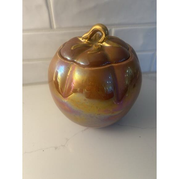 Vtg Fall Pumpkin Canister Orange Lusterware Iridescent Gold Lid Stem Cookie Jar - Picture 3 of 12